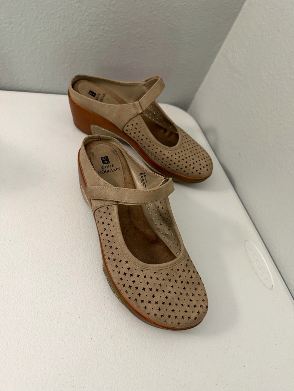 White Mountain Tan Mary Jane Wedge Shoes with Star Cutouts